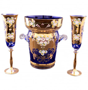 Набор для шампанского 7 предметов (ведро для льда + 6 бокалов)  Bohemia "Анжела /Лепка синяя" E-V / 058643