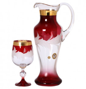 Набор для вина 7 предметов (кувшин + 6 бокалов по 190 мл)  Bohemia "Матовые листики /Золото на красном" E-V / 134731