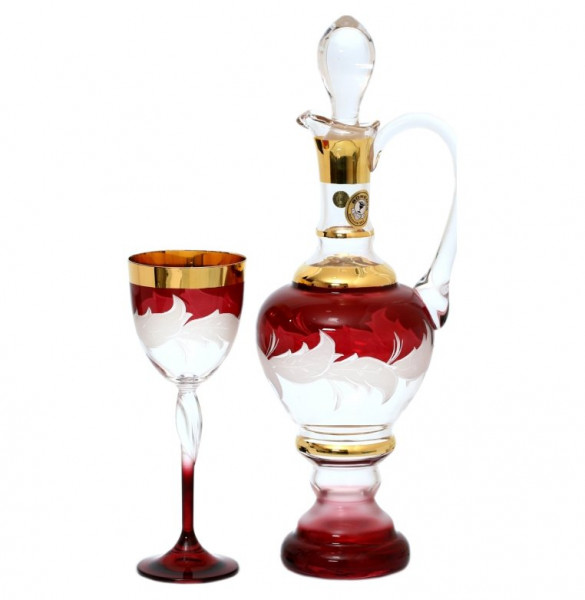Набор для вина 7 предметов (графин + 6 бокалов)  Bohemia &quot;Матовые листики/Золото на красном&quot; E-V / 134757