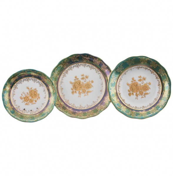 Набор тарелок 18 предметов (19, 23, 25 см)  Royal Czech Porcelain &quot;Аляска /Золотая роза /Зеленая&quot; / 203873