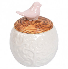 Ёмкость для сыпучих продуктов с деревянной крышкой белая  Royal Classics "Розовая птичка" / 150223