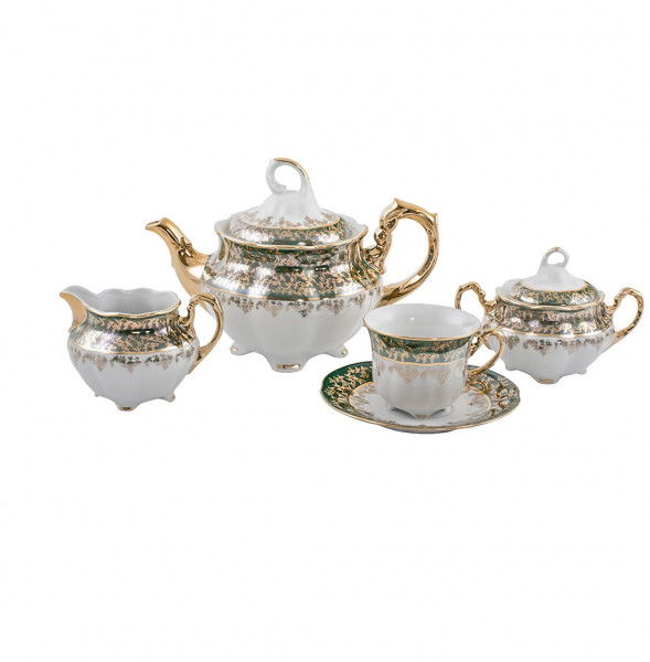 Чайный сервиз на 6 персон 15 предметов  Royal Czech Porcelain &quot;Болеро /Зелёный /Золотые листики&quot; / 204689