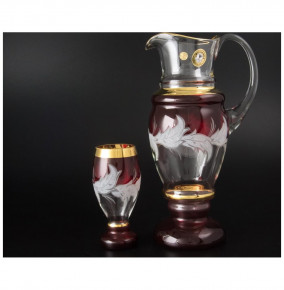 Набор для воды 7 предметов (кувшин + 6 стаканов)  Bohemia "Матовые листики /Золото на красном" E-V / 038818