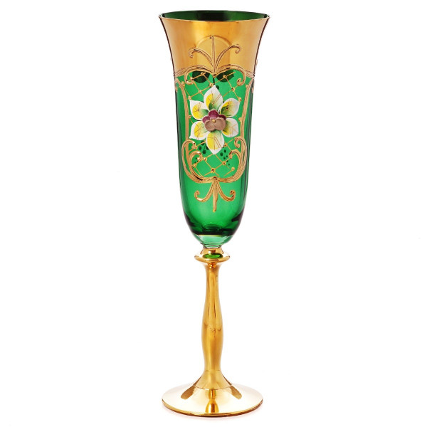 Бокалы для шампанского 190 мл 6 шт  Bohemia &quot;Анжела /Лепка зелёная 2/AS Crystal&quot; золотая ножка / 166034
