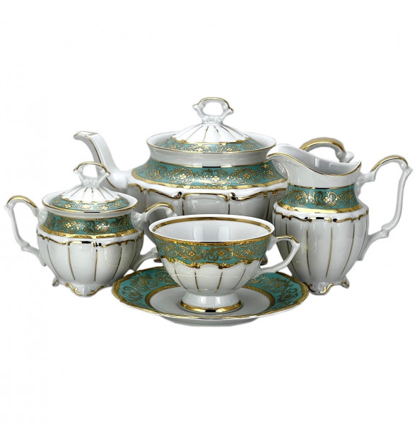 Чайный сервиз на 6 персон 15 предметов  Bavarian Porcelain &quot;Мария-Тереза /Цветочная роспись /Бирюза&quot; / 272640