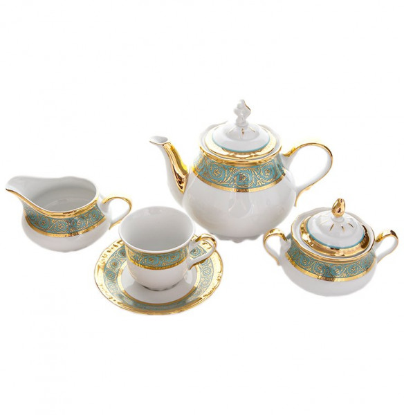 Чайный сервиз на 6 персон 15 предметов  Thun &quot;Констанция /Серо-голубая полоса с золотом&quot; / 105323