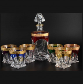Набор для виски 7 предметов (графин 850 мл + 6 стаканов по 340 мл)  Crystalite Bohemia "Квадро /Ассорти с золотом" / 101050