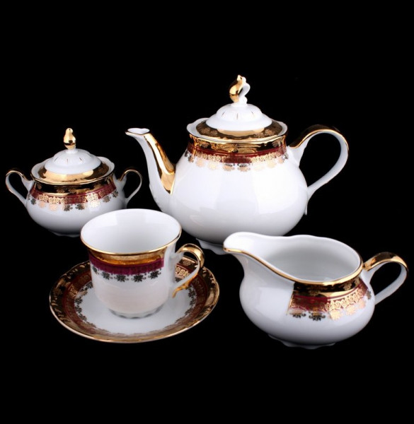 Чайный сервиз на 6 персон 15 предметов  Thun &quot;Констанция /Малиновая полоса с золотом&quot; / 043488