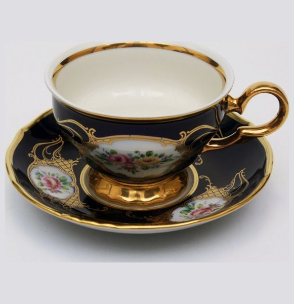 Набор чайных пар 220 мл 6 шт  Bohemia Porcelan Moritz Zdekauer 1810 s.r.o. &quot;Анжелика /Цветы /Кобальт&quot; / 033812