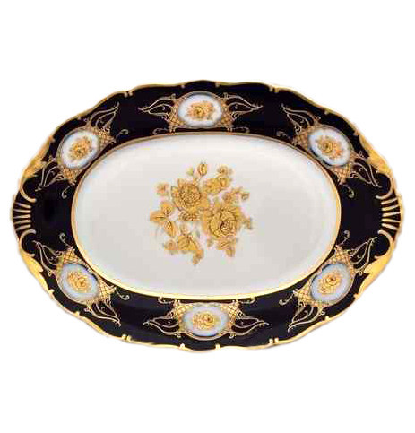 Блюдо 36 см овальное  Bohemia Porcelan Moritz Zdekauer 1810 s.r.o. &quot;Анжелика /Винтажная золотая роза /Кобальт&quot; / 011713
