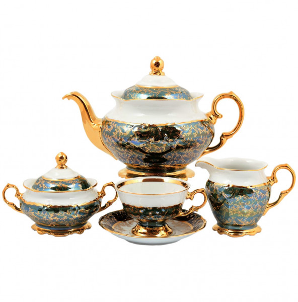 Чайный сервиз на 6 персон 17 предметов  Sterne porcelan &quot;Фредерика /Золотые листья на зелёном&quot; / 128786