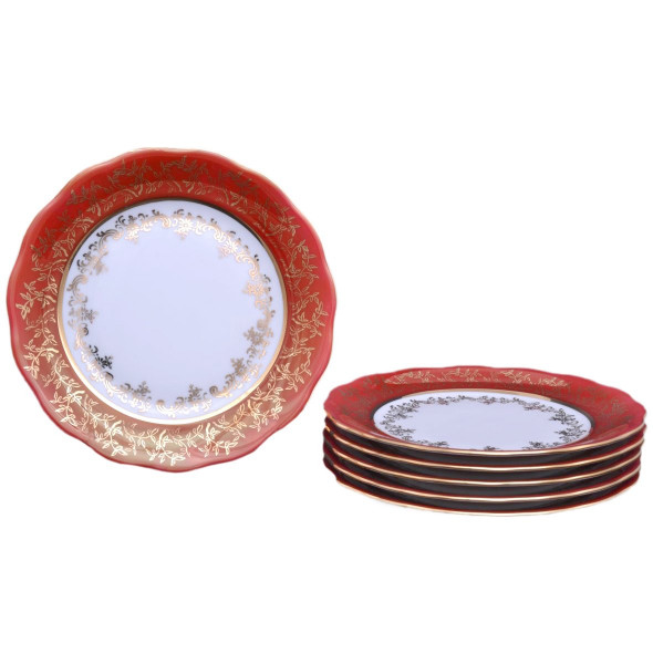Набор тарелок 17 см 6 шт  Royal Czech Porcelain &quot;Мария-Тереза /Красная /Золотые листики&quot; / 203385