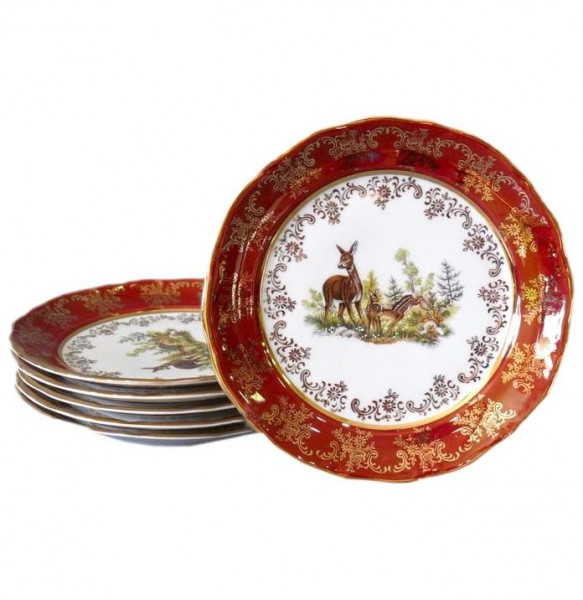Набор тарелок 25 см 6 шт глубокие  Royal Czech Porcelain &quot;Мария-Тереза /Охота красная&quot; / 203473